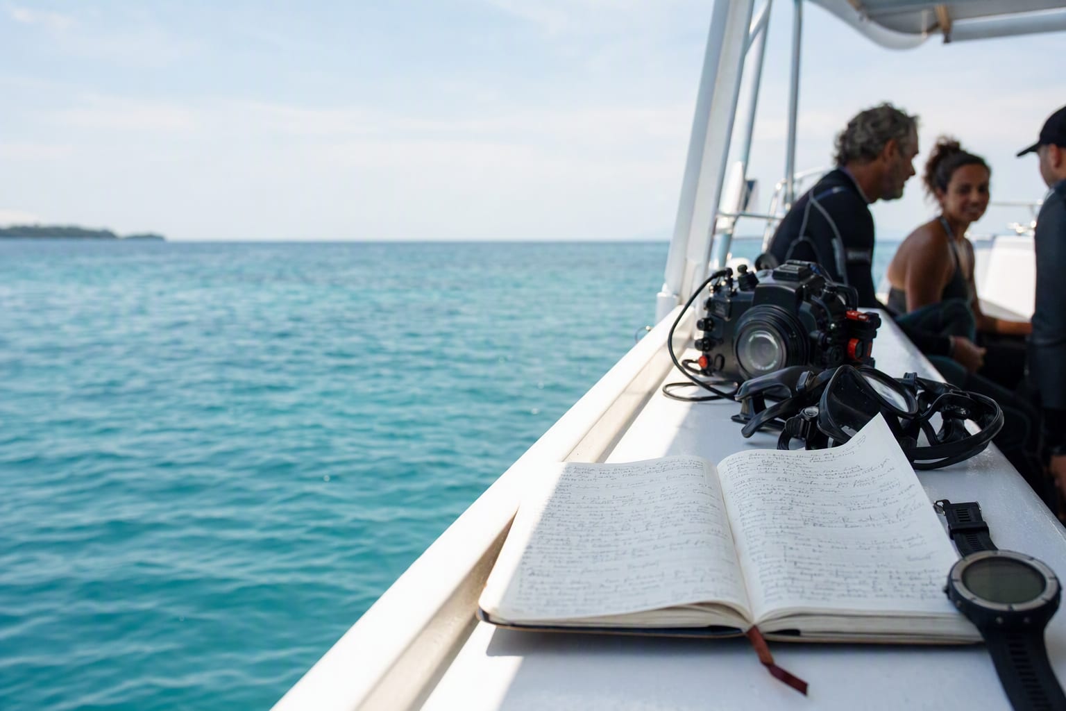 An open logbook beside a dive computer and a camera on a boat deck