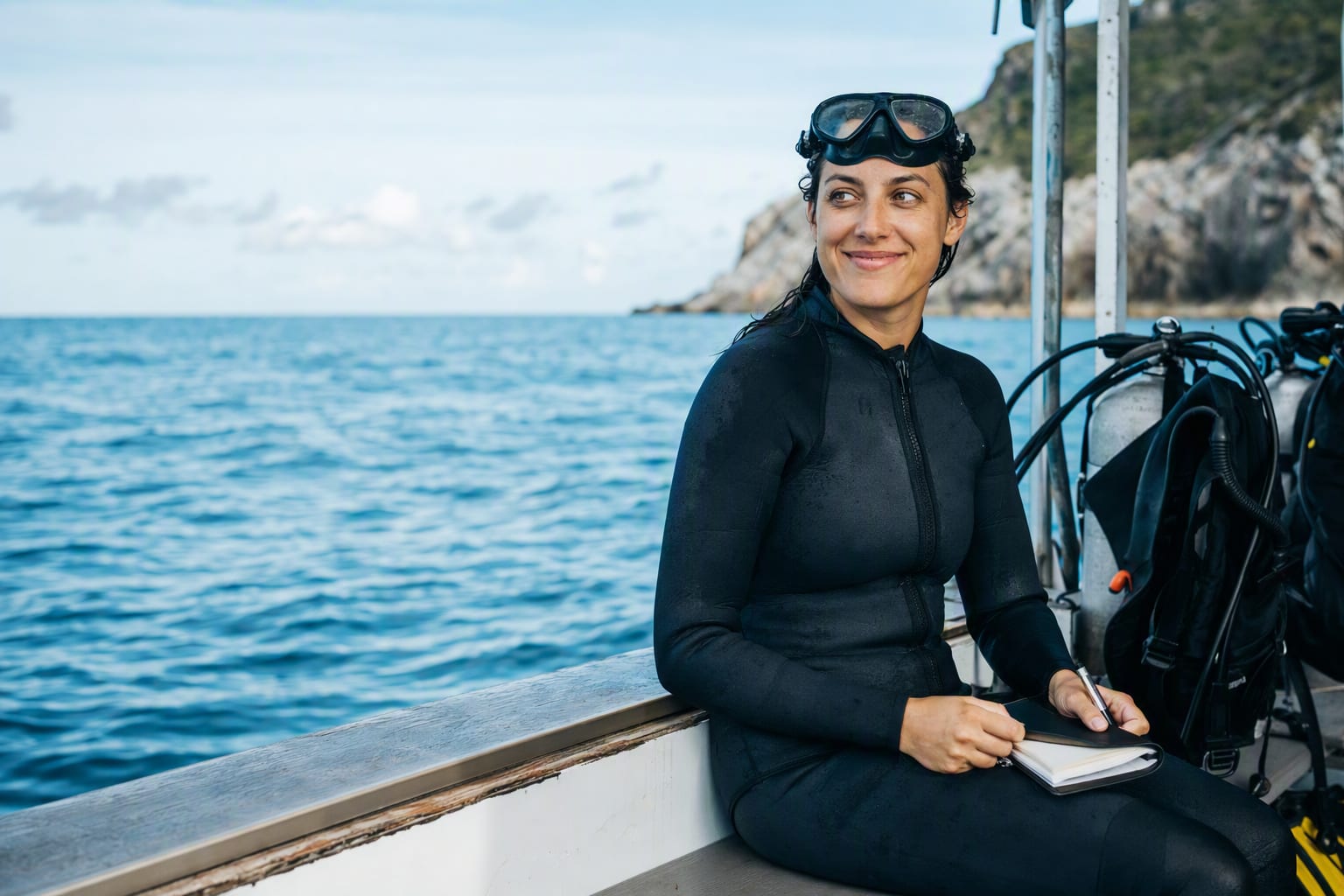 Portrait of a diver in a wetsuit on a boat, mask pushed up on the forehead