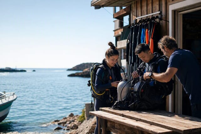 Divers and an instructor checking tanks in front of a dive centre